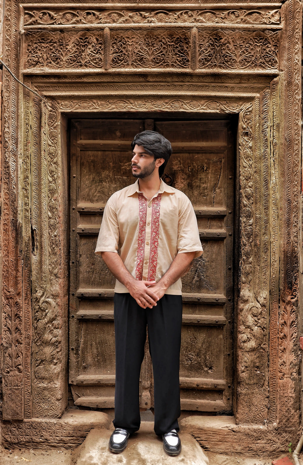 Beige Hand-Embroidered Khaddar Shirt
