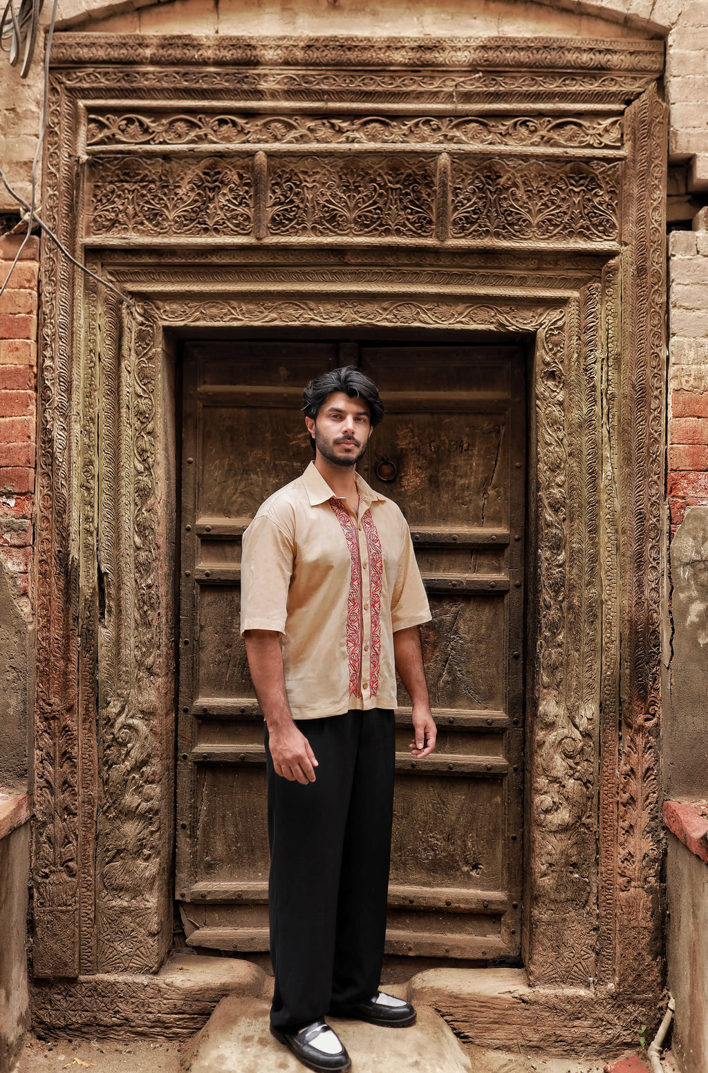 Beige Hand-Embroidered Khaddar Shirt