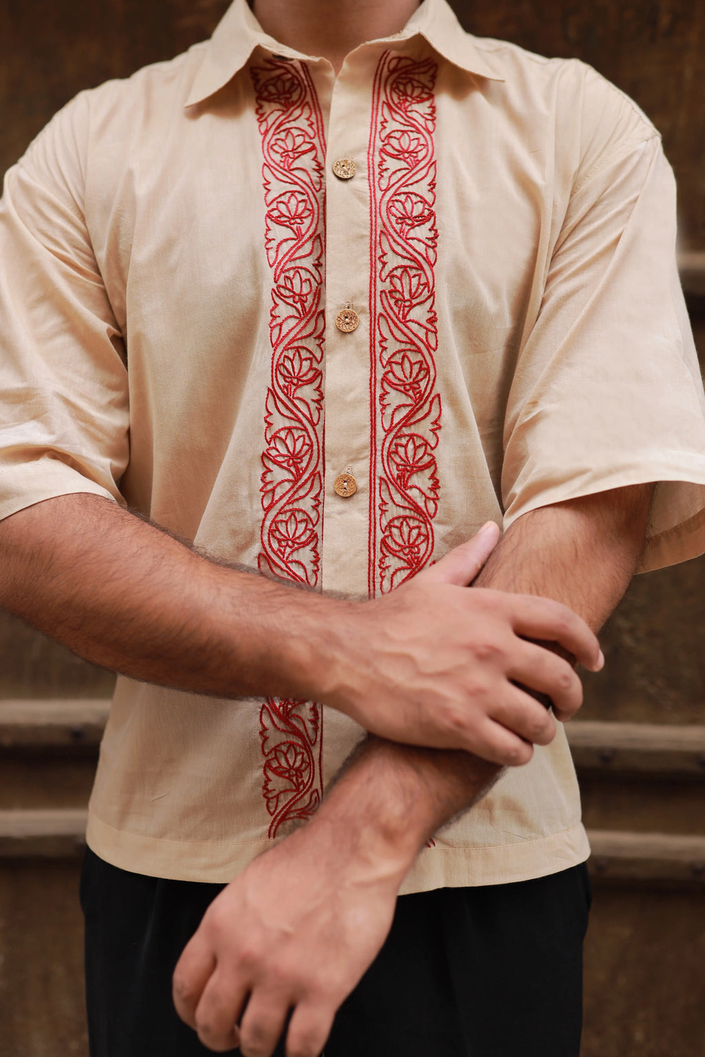 Beige Hand-Embroidered Khaddar Shirt